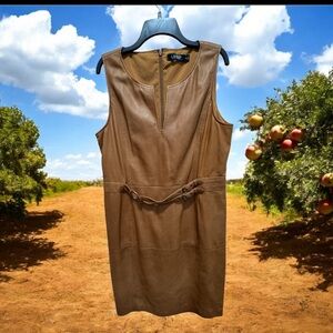 Lauren Ralph Lauren tan lambs leather Mini shift v neck sleeveless dress size 16